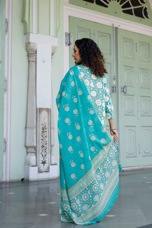 Turquoise Floral Print Cotton Straight Salwar Suit Set