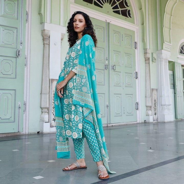 Turquoise Floral Print Cotton Straight Salwar Suit Set