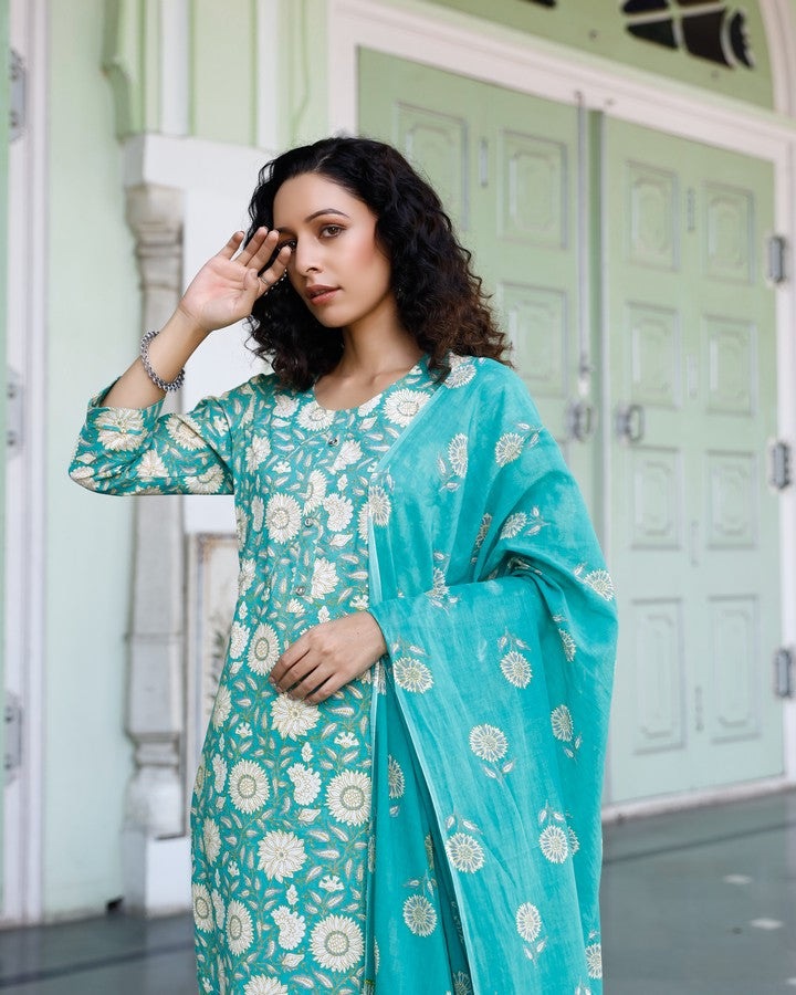 Turquoise Floral Print Cotton Straight Salwar Suit Set