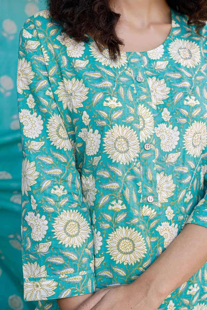 Turquoise Floral Print Cotton Straight Salwar Suit Set