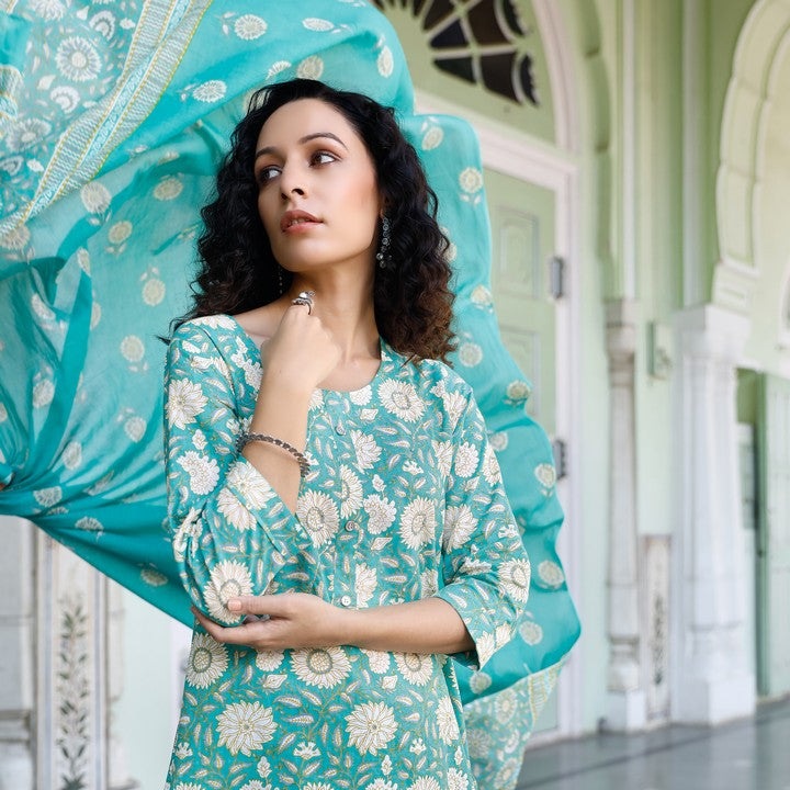 Turquoise Floral Print Cotton Straight Salwar Suit Set