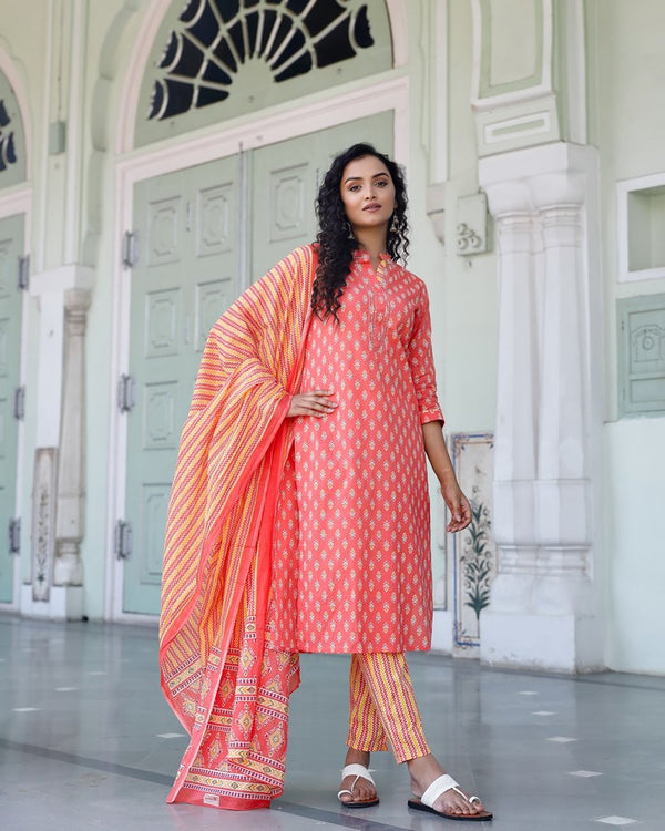 Peach Color Floral Print Straight Salwar Suit Set