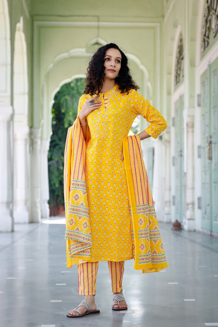 Yellow Color Motif Print Straight Salwar Suit Set