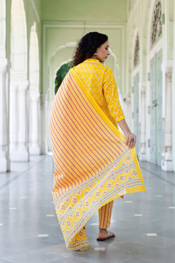 Yellow Color Motif Print Straight Salwar Suit Set