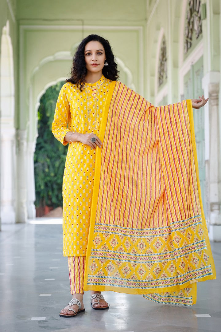 Yellow Color Motif Print Straight Salwar Suit Set