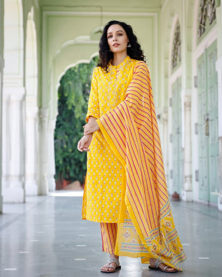 Yellow Color Motif Print Straight Salwar Suit Set