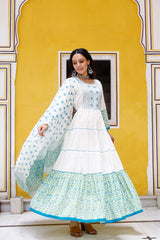 White Color Handwork And Floral Print Anarkali Salwar Suit Set
