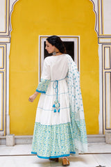White Color Handwork And Floral Print Anarkali Salwar Suit Set