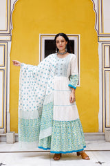White Color Handwork And Floral Print Anarkali Salwar Suit Set