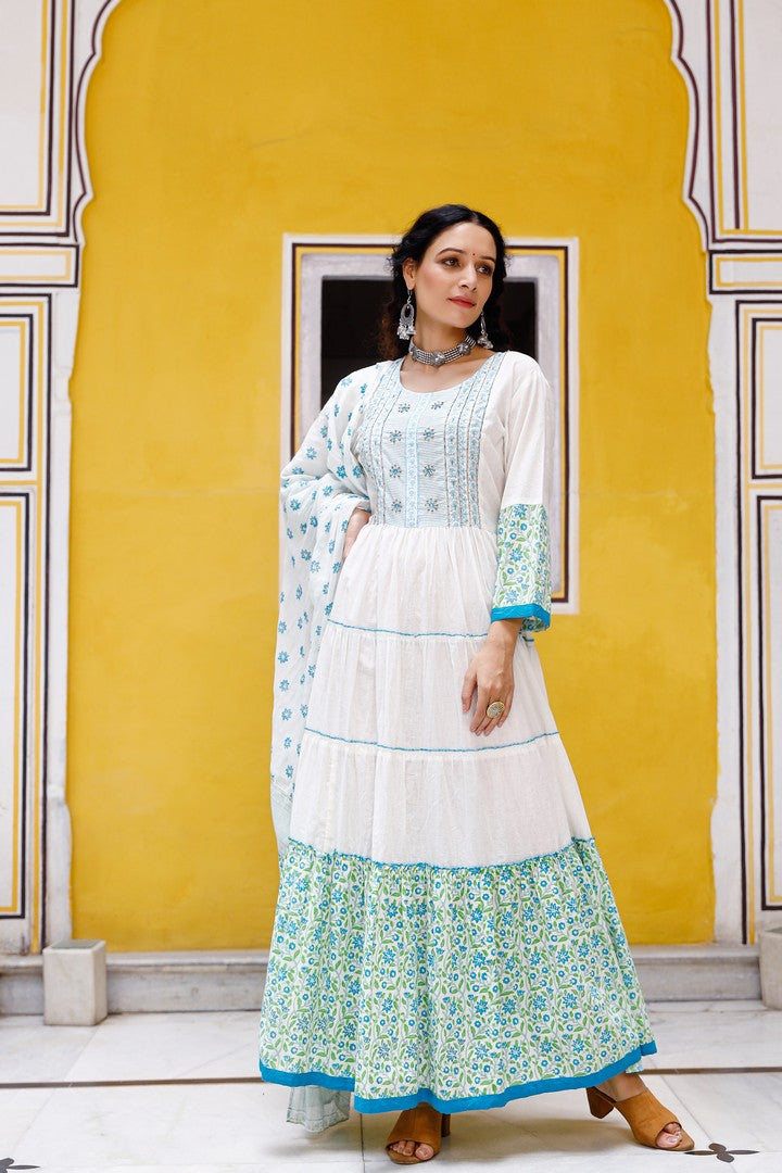 White Color Handwork And Floral Print Anarkali Salwar Suit Set