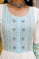 White Color Handwork And Floral Print Anarkali Salwar Suit Set