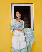 White Color Handwork And Floral Print Anarkali Salwar Suit Set