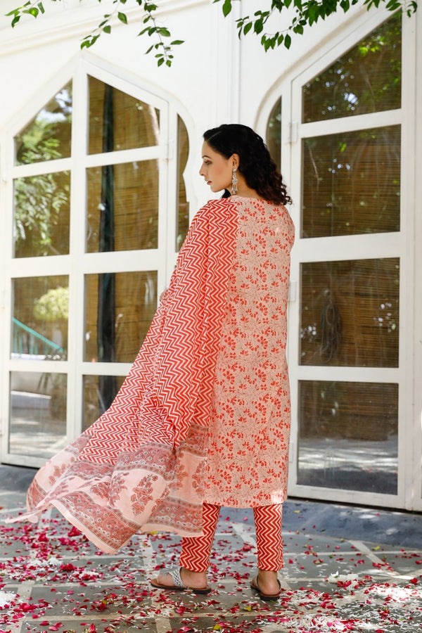 Orange Color Floral Print Straight Salwar Suit Set
