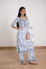Women's Blue Floral Printed Kurta Pant Set with Printed Dupatta-Pheeta