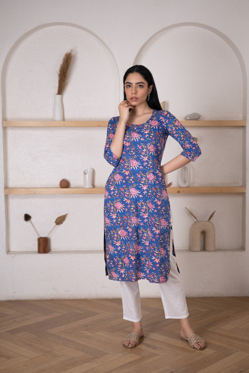 Women's Blue Floral Printed Kurta Pant Set-Pheeta