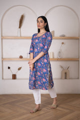 Women's Blue Floral Printed Kurta Pant Set-Pheeta