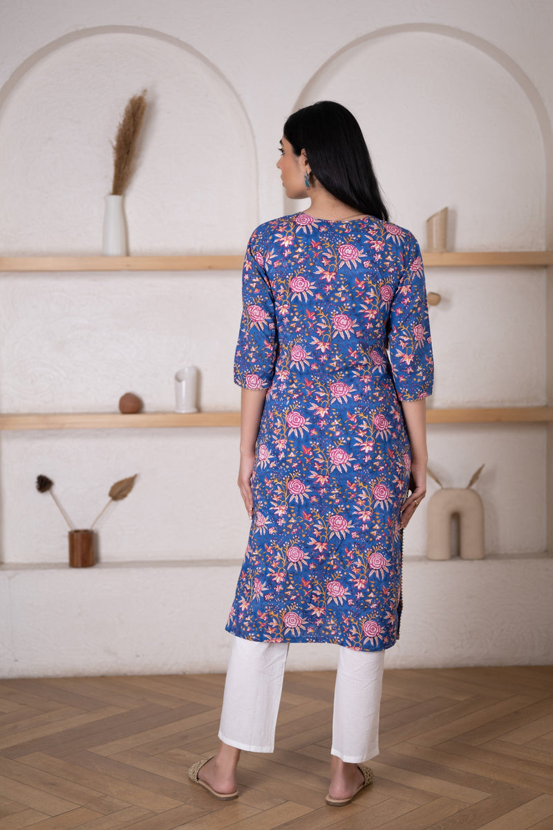 Women's Blue Floral Printed Kurta Pant Set-Pheeta