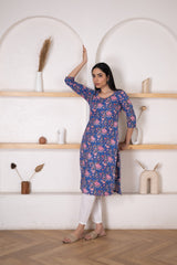 Women's Blue Floral Printed Kurta Pant Set-Pheeta