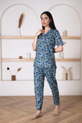 Women's Blue Floral Lounge wear -Pheeta