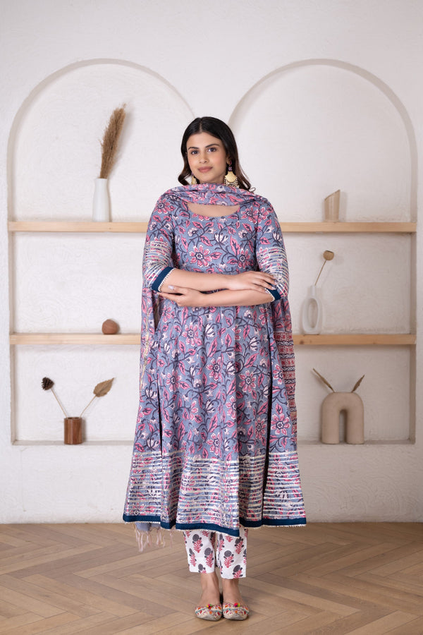 The Floating Cloudy Grey Floral Hand Block Print Kurta Set With Traditional Chanderi Dupatta.