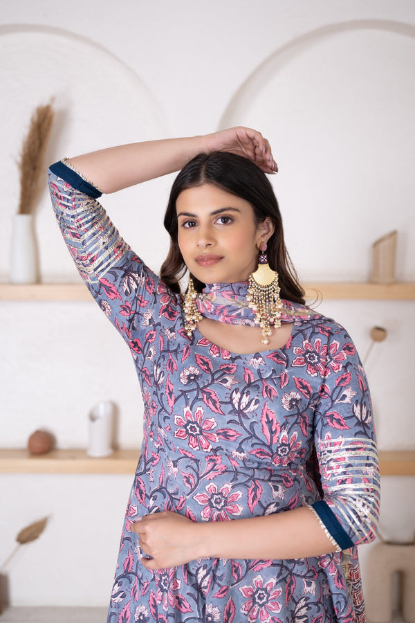 The Floating Cloudy Grey Floral Hand Block Print Kurta Set With Traditional Chanderi Dupatta.
