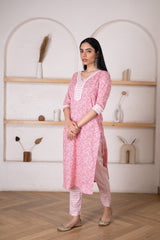 Women's Pink Floral Printed Kurta Pant Set-Pheeta