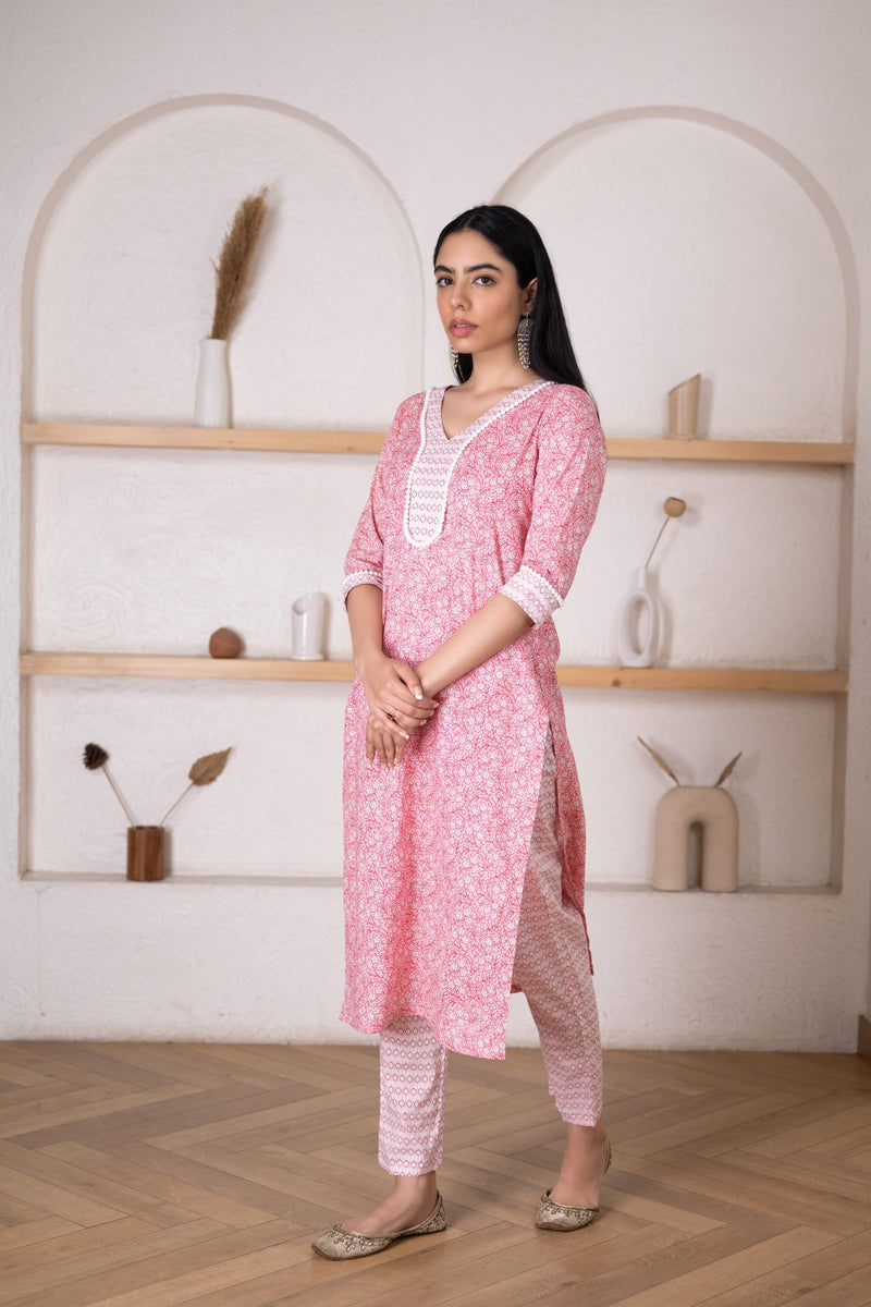 Women's Pink Floral Printed Kurta Pant Set-Pheeta