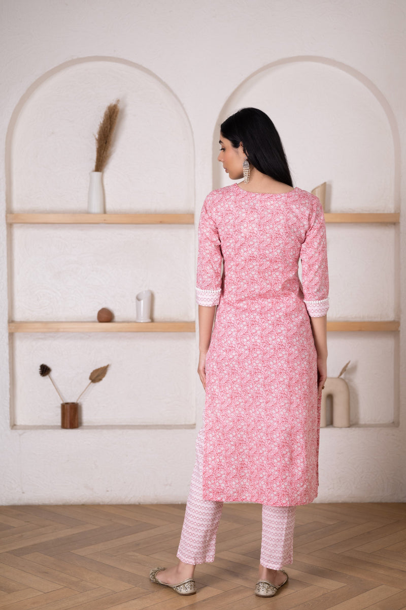 Women's Pink Floral Printed Kurta Pant Set-Pheeta