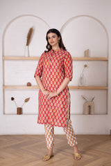 Women's Red Floral Printed Kurta Pant Set-Pheeta