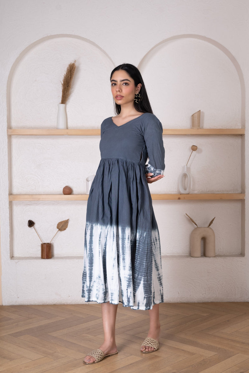 Women's Grey Shibori Dress -Pheeta