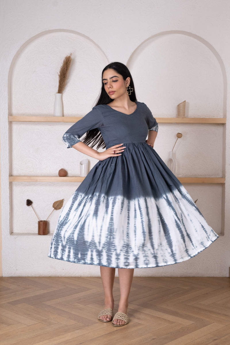 Women's Grey Shibori Dress -Pheeta
