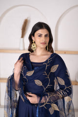 Blue Solid Gold Kurta Set With Embroidered Dupatta