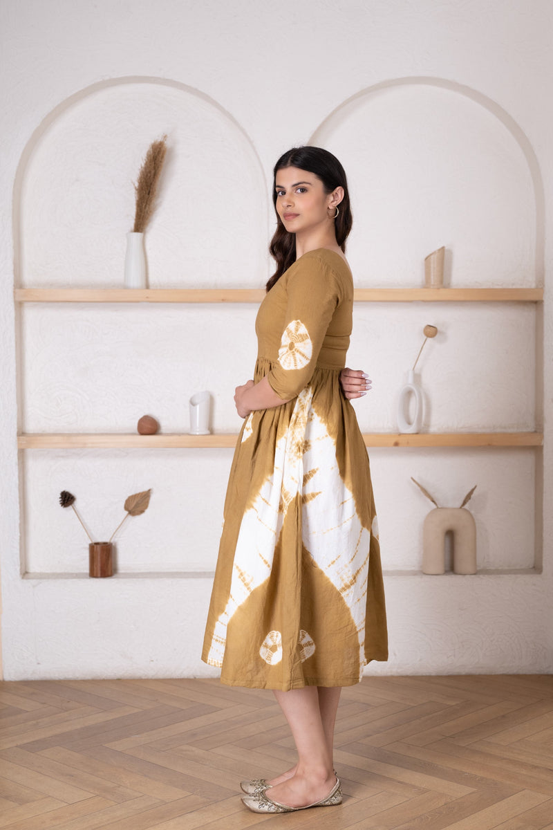 Women's Light  Brown Bandhej Dress-Pheeta