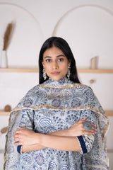 Steel Blue Kurta Dupatta Set With Chanderi Dupatta