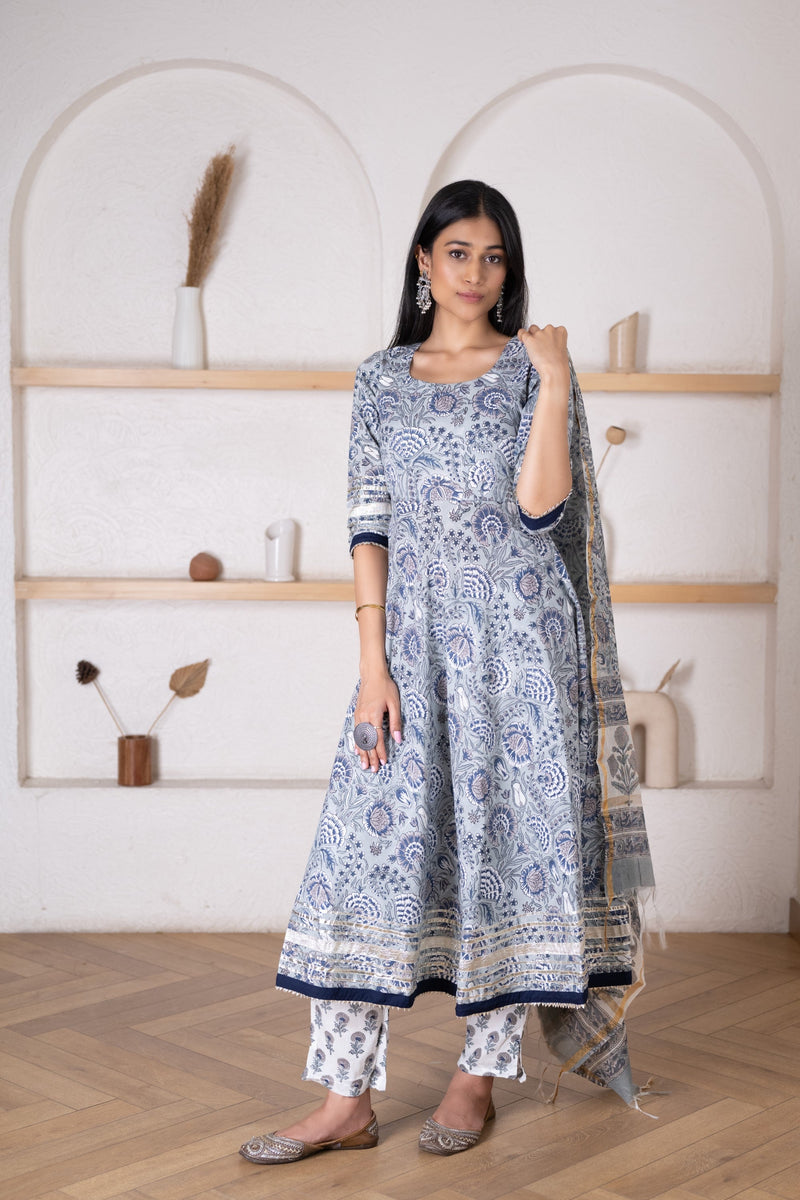Steel Blue Kurta Dupatta Set With Chanderi Dupatta