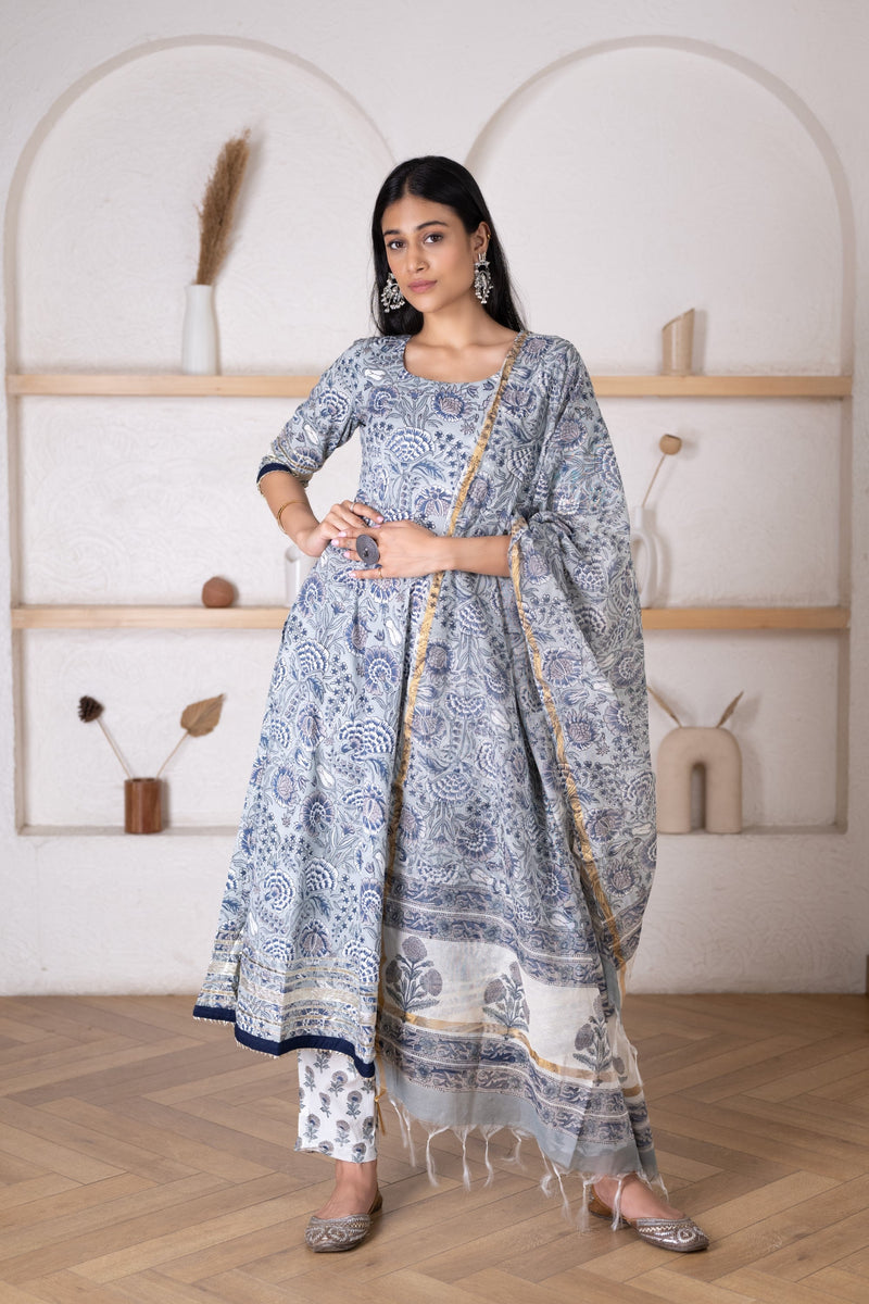 Steel Blue Kurta Dupatta Set With Chanderi Dupatta
