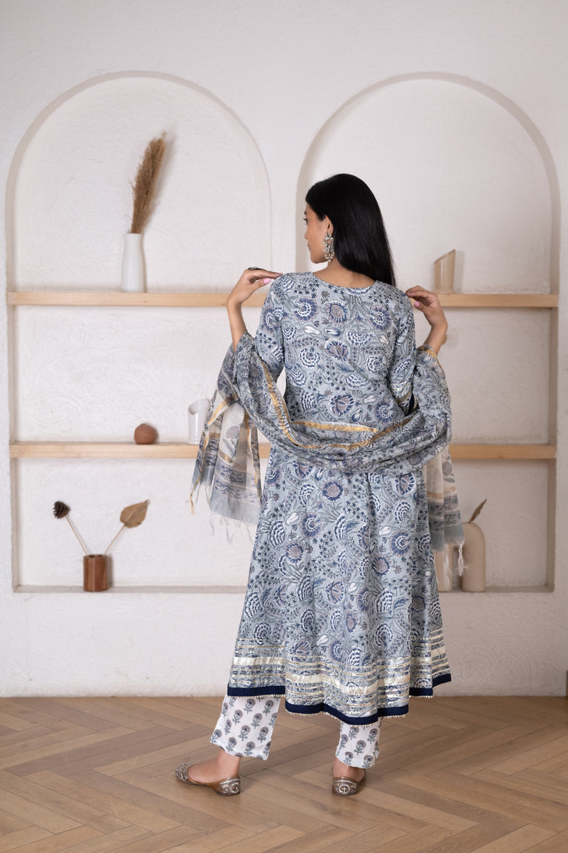 Steel Blue Kurta Dupatta Set With Chanderi Dupatta