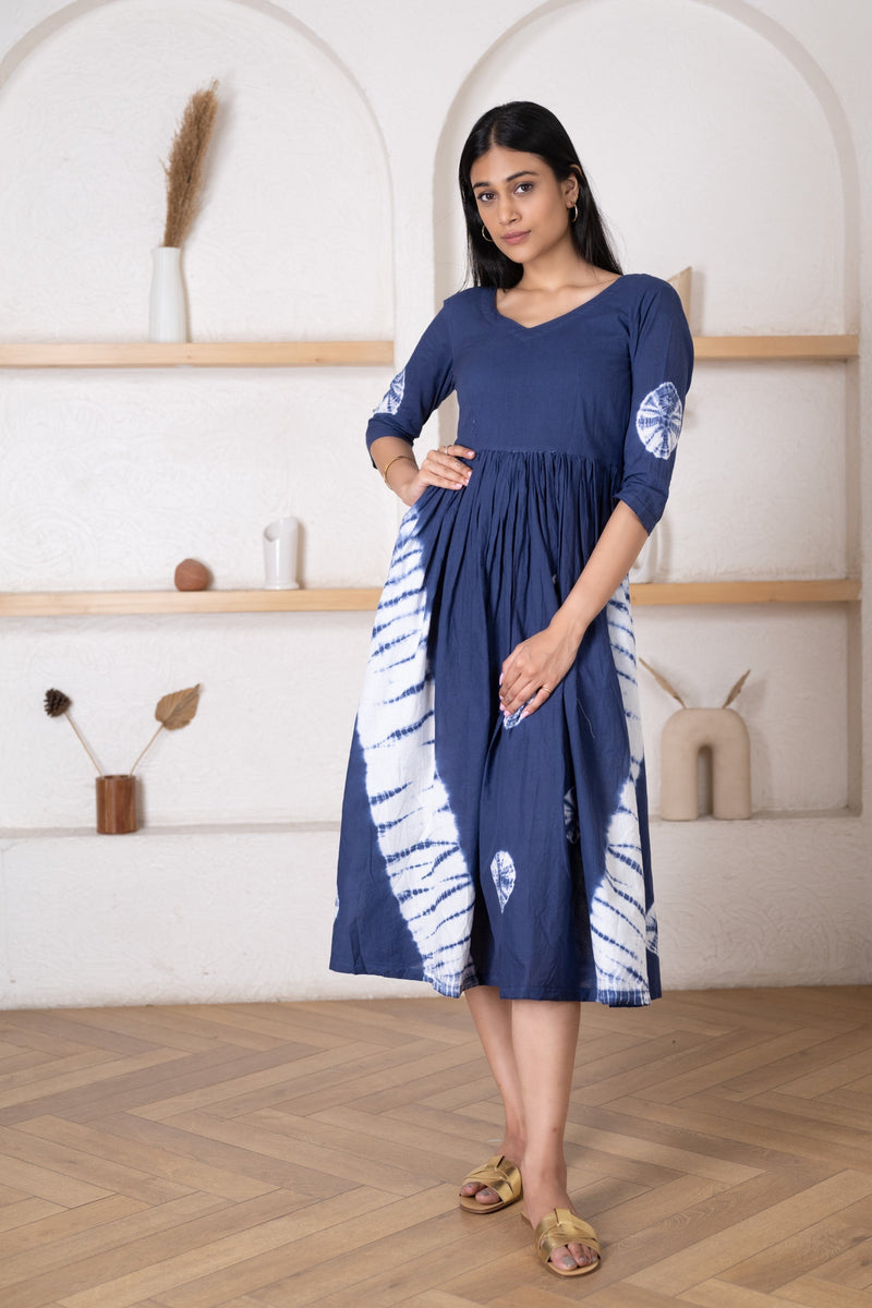 Women's Dark Blue Bandhej Dress-Pheeta