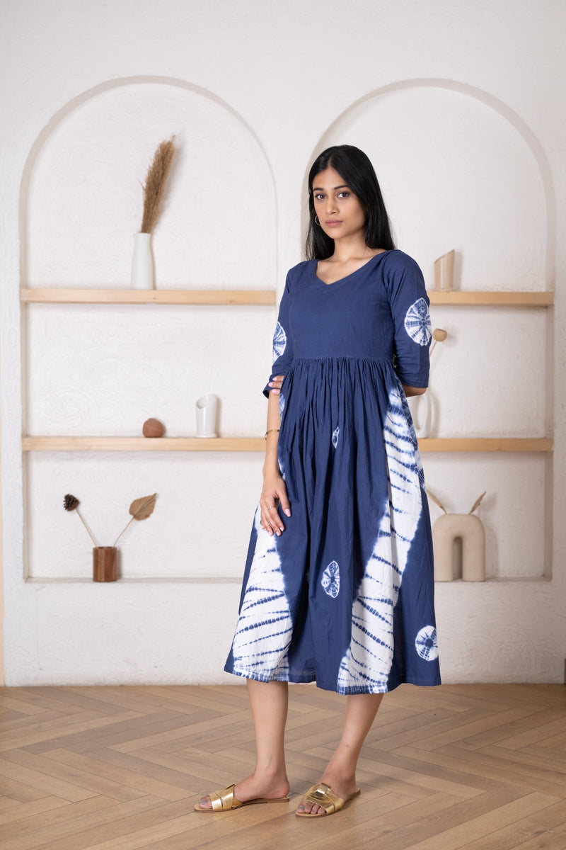 Women's Dark Blue Bandhej Dress-Pheeta