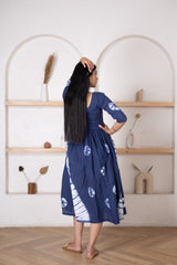 Women's Dark Blue Bandhej Dress-Pheeta