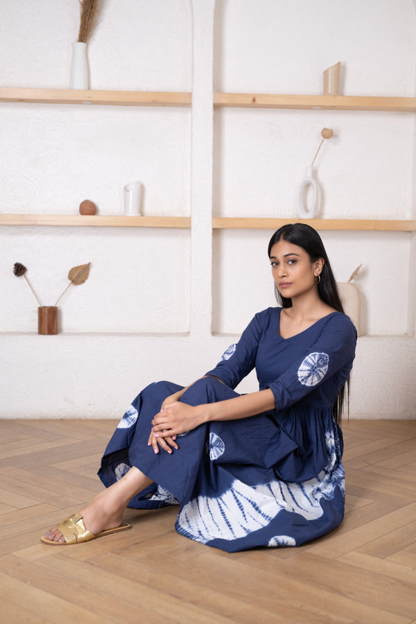 Women's Dark Blue Bandhej Dress-Pheeta