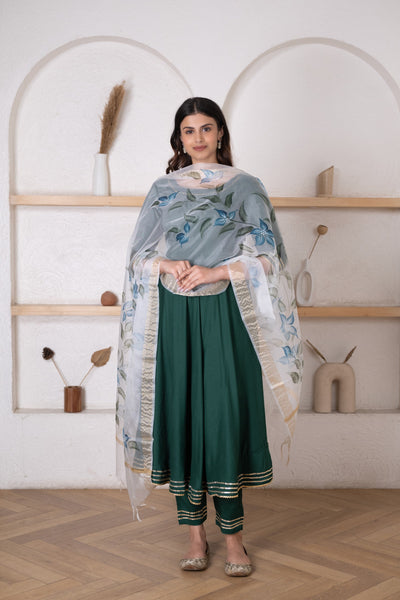 Round Neck Dark Green Solid Anarkali with HandPainted Organza Dupatta