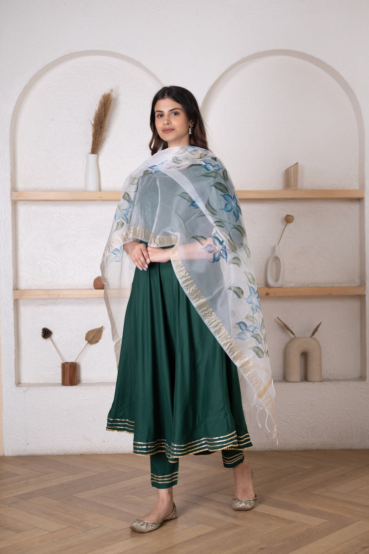 Round Neck Dark Green Solid Anarkali with HandPainted Organza Dupatta
