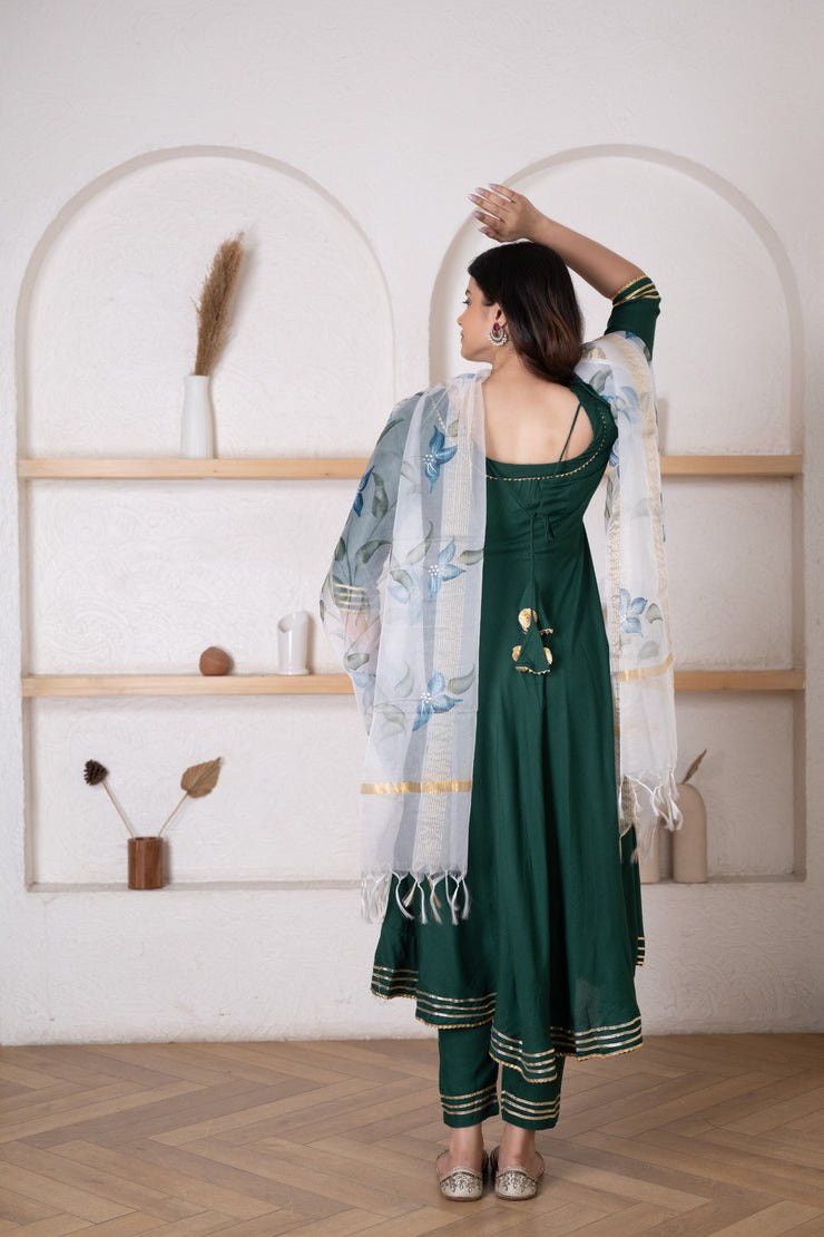 Round Neck Dark Green Solid Anarkali with HandPainted Organza Dupatta