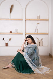 Round Neck Dark Green Solid Anarkali with HandPainted Organza Dupatta