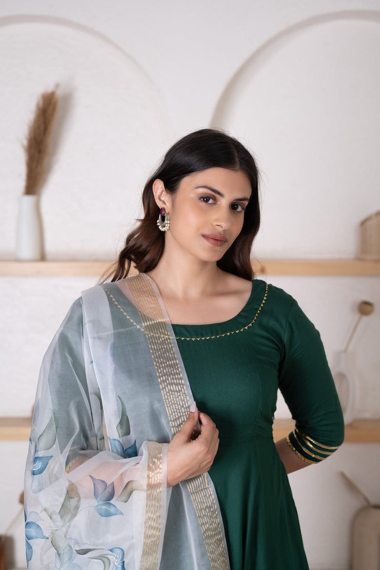 Round Neck Dark Green Solid Anarkali with HandPainted Organza Dupatta