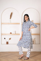 Women's Grey Floral Printed Kurta Pant Set-Pheeta
