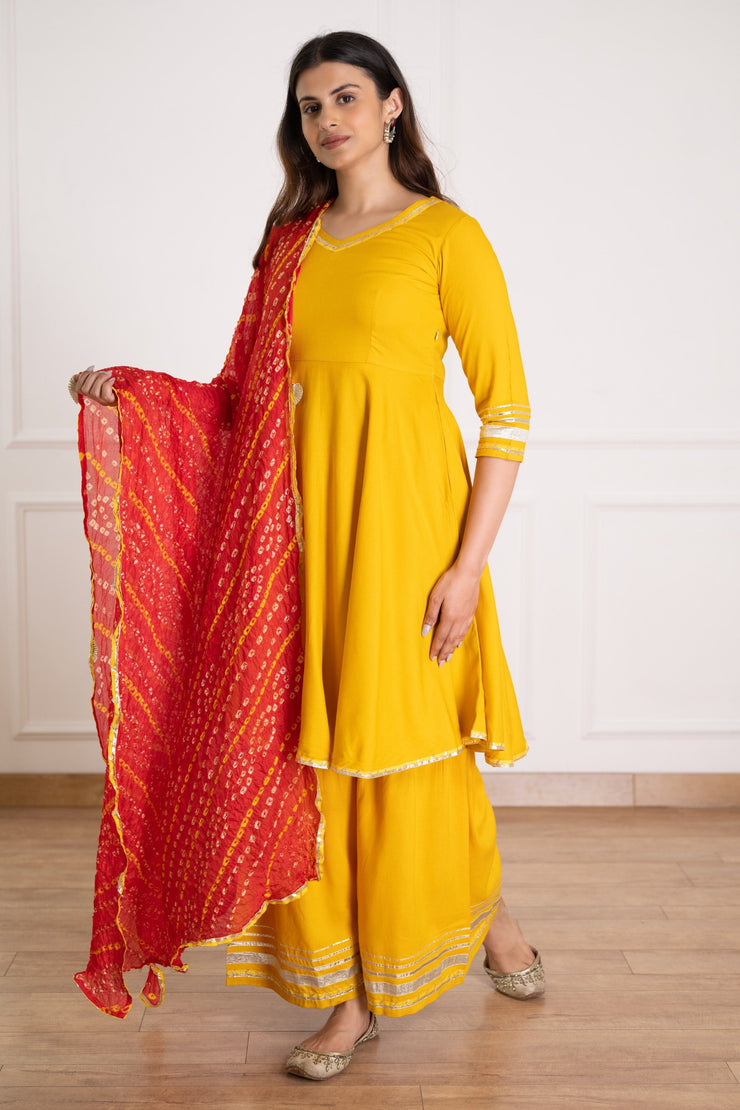 Yellow Flared Kurta Plazzo Set